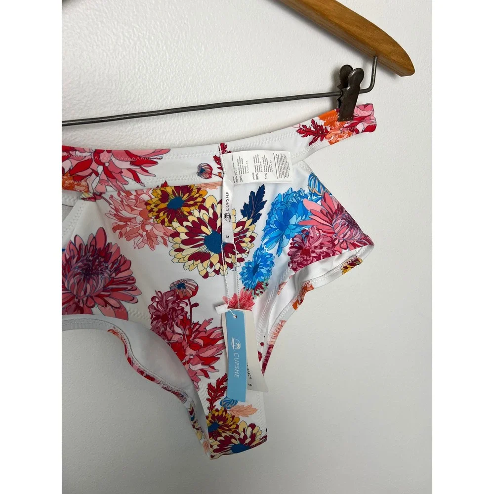 NWT Cupshe Womens Floral High Waisted Bikini Bottoms Blue Pink Cut Out Size M